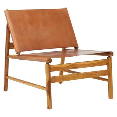 Kendari Brown Leather and Teak Modern Sling Chair with Wood Frame