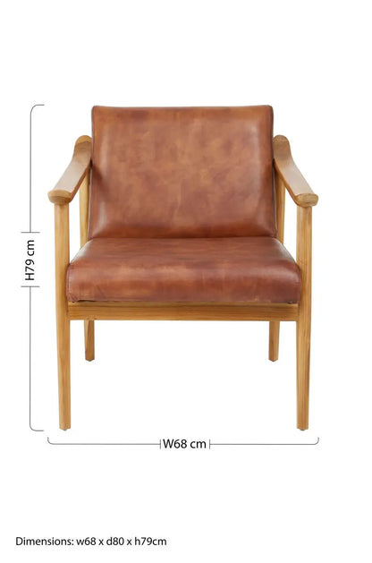Kendari Brown Leather Armchair with Wood Frame