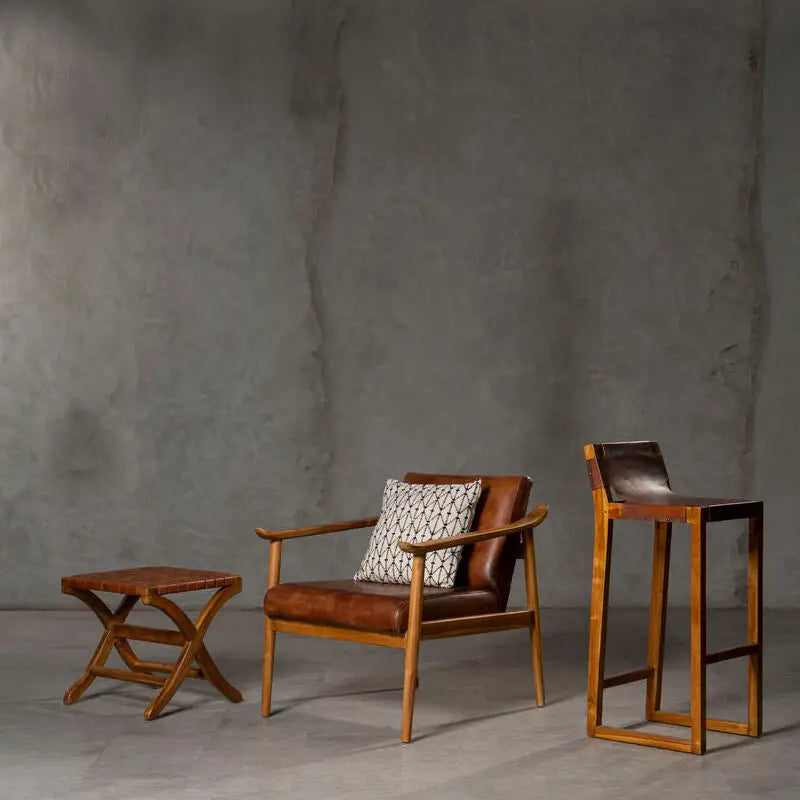Kendari Brown Leather with Natural Teak Wood Armchair