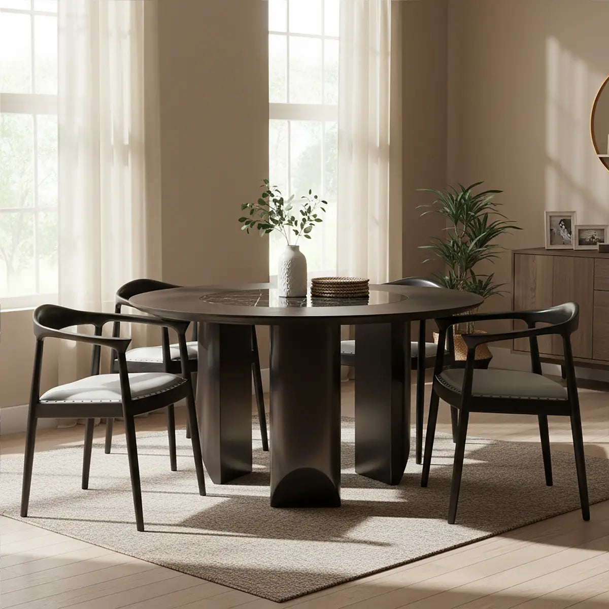 Kendari Grey Leather and Teak Wood Open Back Chair