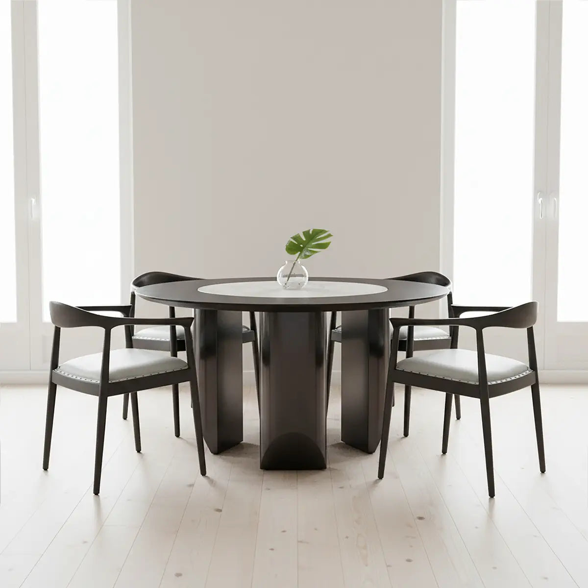 Kendari Grey Leather and Teak Wood Open Back Chair