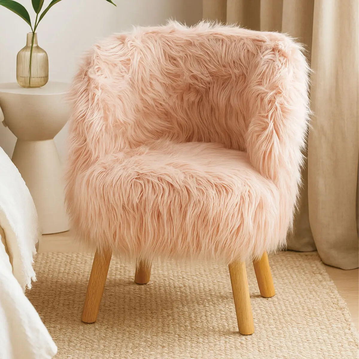 Kids Pink Faux Fur Chair with Wooden Legs