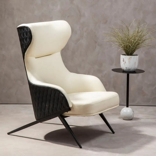 Kiev Ivory Fabric and Black Faux Leather Wingback Armchair