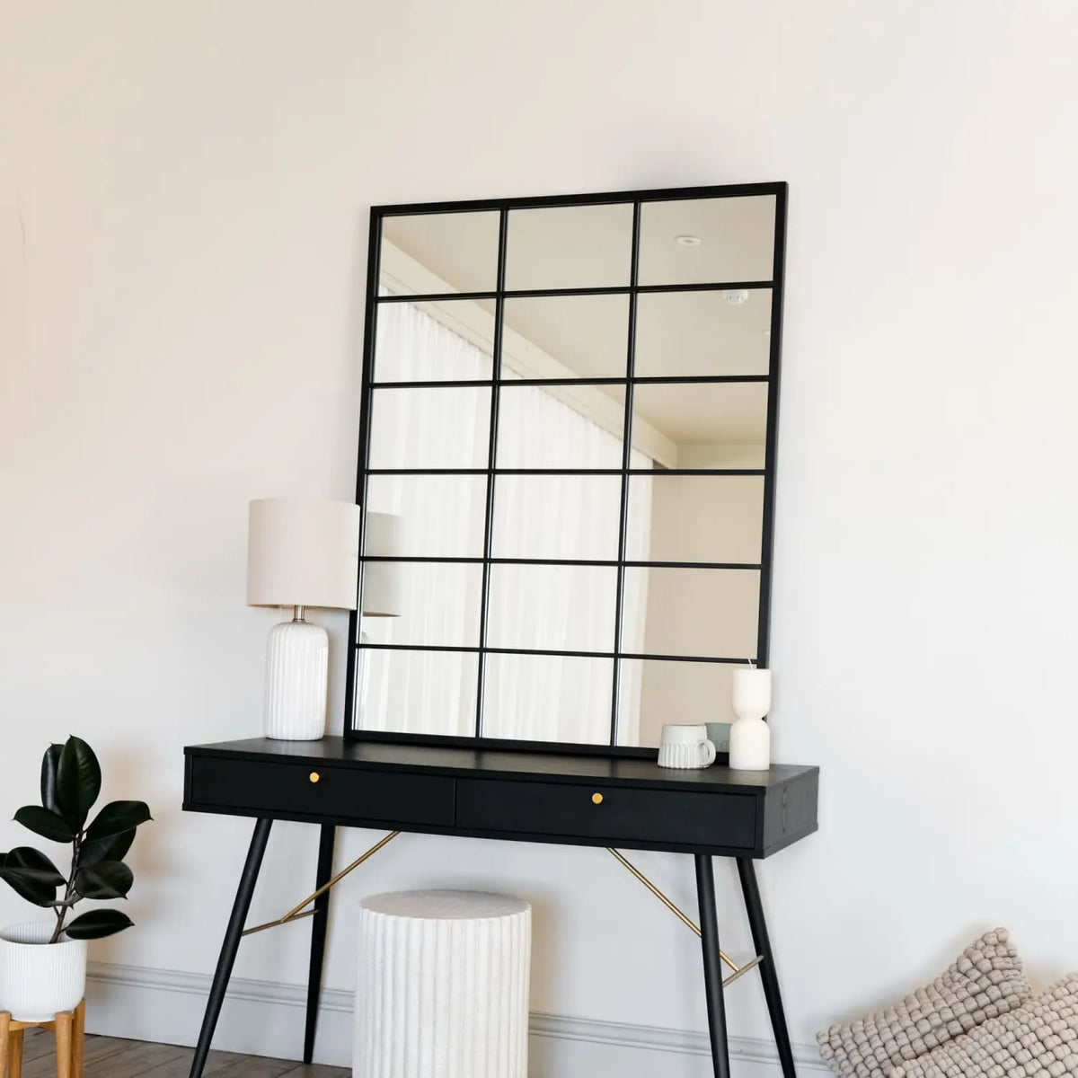 Kyō - Black Metal Rectangle Lattice Window Mirror - 120cm x 95cm
