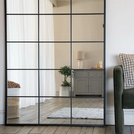 Kyō - Full Length Black Metal Rectangle Lattice Window Mirror - 200cm x 120cm