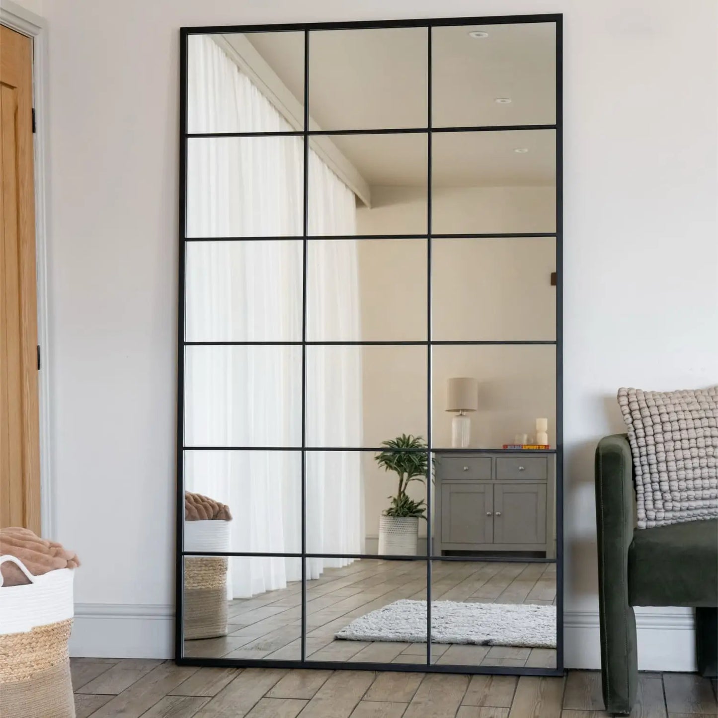 Kyō - Full Length Black Metal Rectangle Lattice Window Mirror - 200cm x 120cm