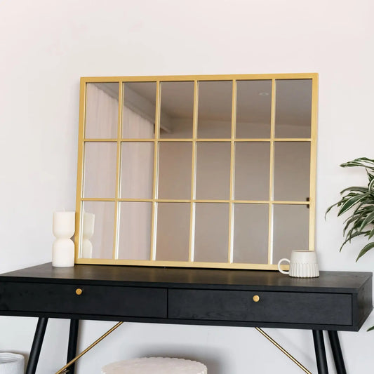 Kyō - Gold Metal Rectangle Lattice Window Mirror - 90cm x 70cm