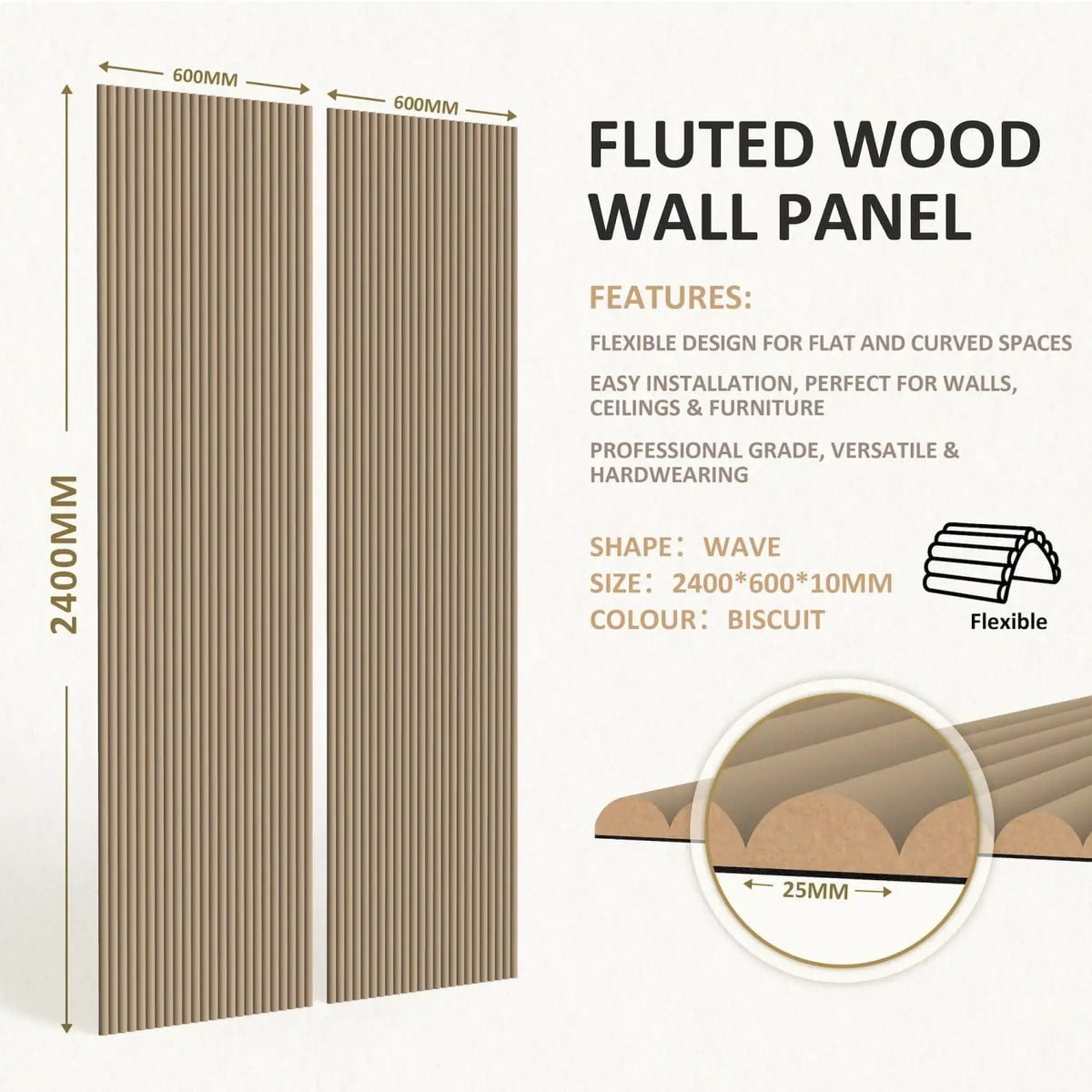 Large Fluted Wall Panels in Biscuit - 240cm x 60cm