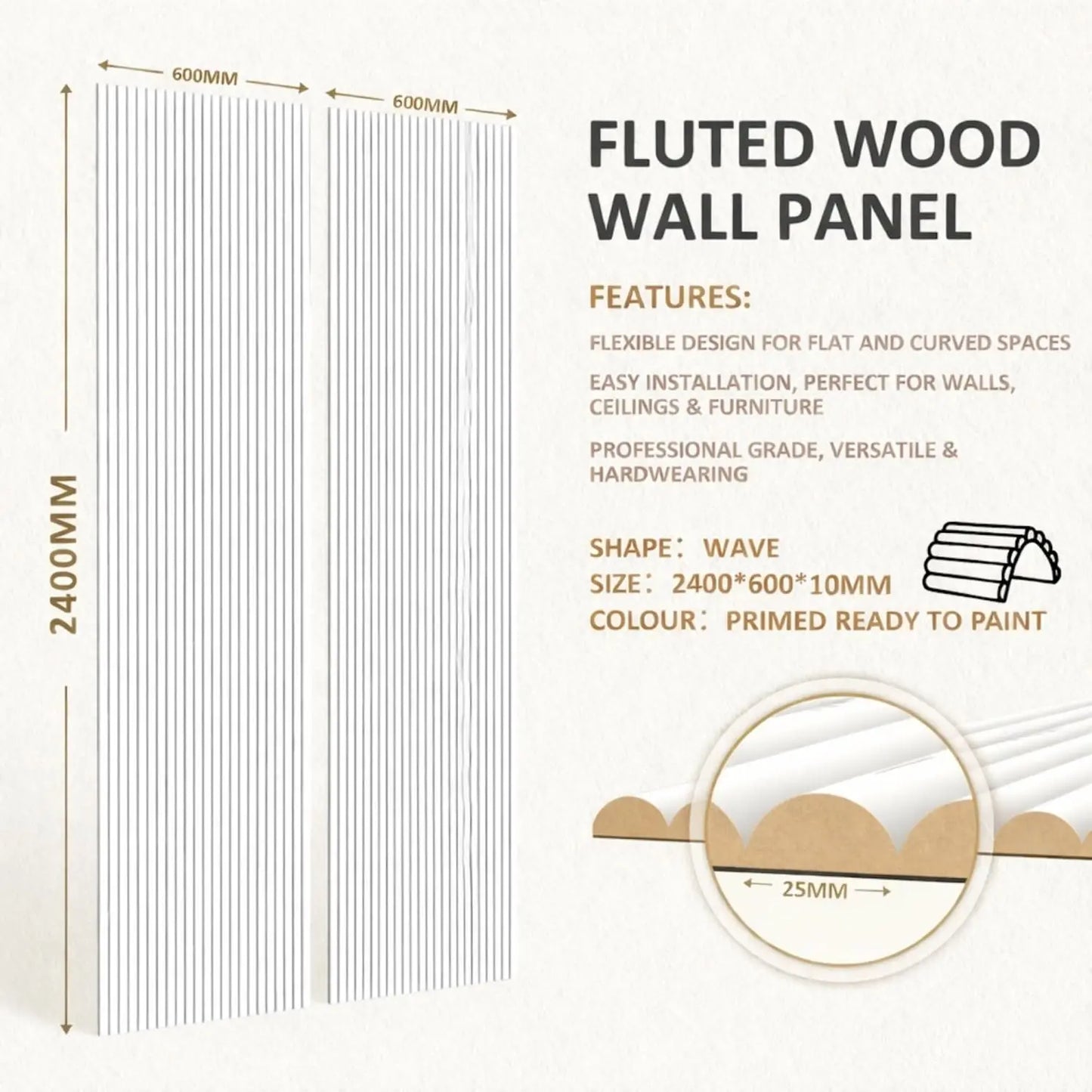 Large Fluted Wall Panels in DIY Primed - Ready To Paint - 240cm x 60cm