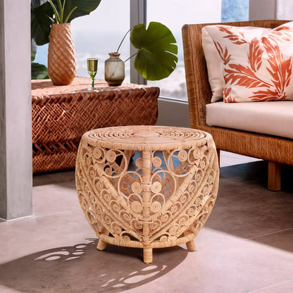 Large Natural Rattan Side Table with Tight Weave and Scrolled Detail, Mataram