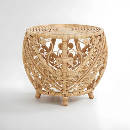 Large Natural Rattan Side Table with Tight Weave and Scrolled Detail, Mataram