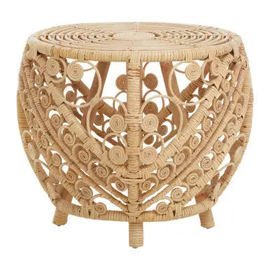 Large Natural Rattan Side Table with Tight Weave and Scrolled Detail, Mataram