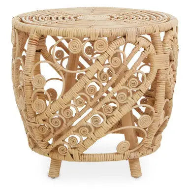 Large Natural Rattan Side Table with Tight Weave and Scrolled Detail, Mataram