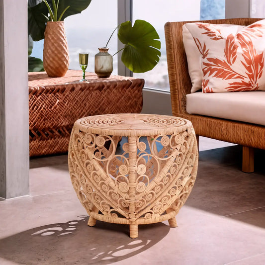 Large Natural Rattan Side Table with Tight Weave and Scrolled Detail | Mataram