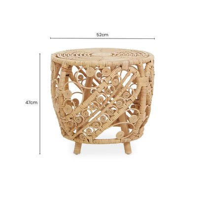 Large Natural Rattan Side Table with Tight Weave and Scrolled Detail | Mataram