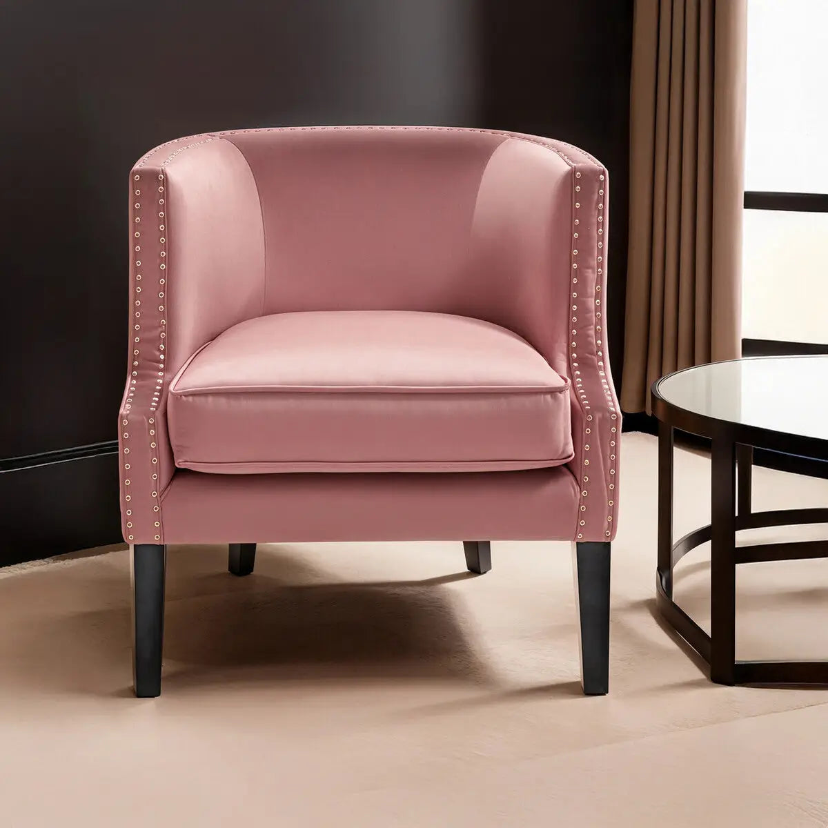 Pink Velvet Studded Accent Chair – Soft Glam Bedroom & Living Room Chair