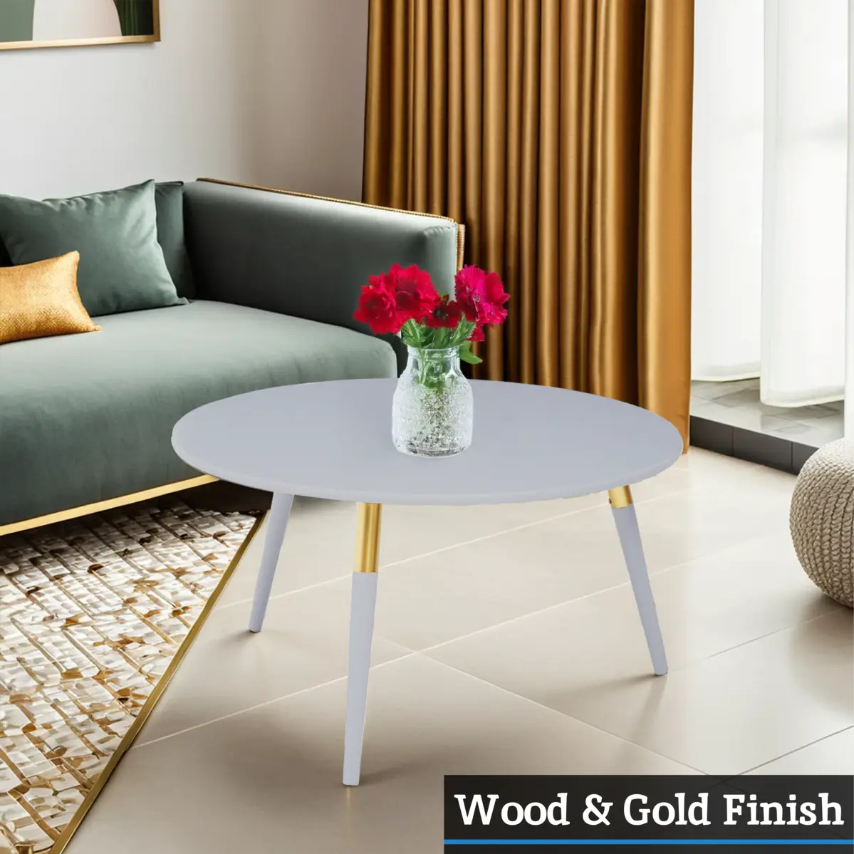 Light Grey Round Top Wooden Coffee Table with Natural Wood Legs and Gold Trim, Nostra