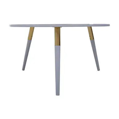 Light Grey Round Top Wooden Coffee Table with Natural Wood Legs and Gold Trim, Nostra