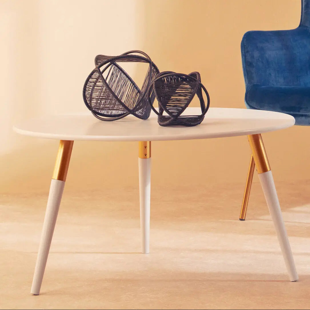 Light Grey Round Top Wooden Coffee Table with Natural Wood Legs and Gold Trim, Nostra