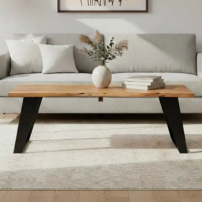 Live Edge Acacia Wood Top Coffee Table with Black Iron Legs, Surax