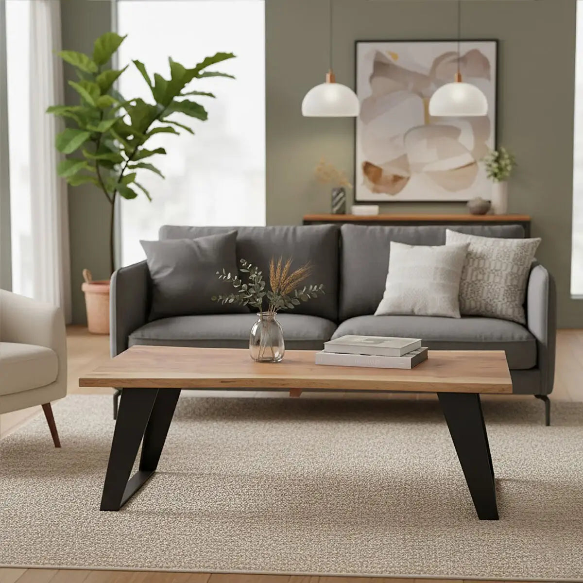 Live Edge Acacia Wood Top Coffee Table with Black Iron Legs, Surax