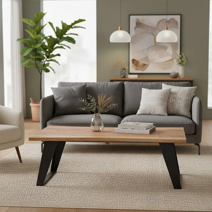 Live Edge Acacia Wood Top Coffee Table with Black Iron Legs, Surax