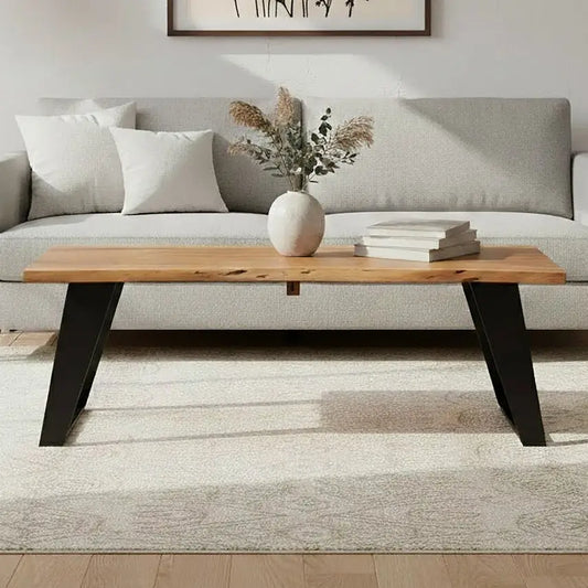 Live Edge Acacia Wood Top Coffee Table with Black Iron Legs | Surax