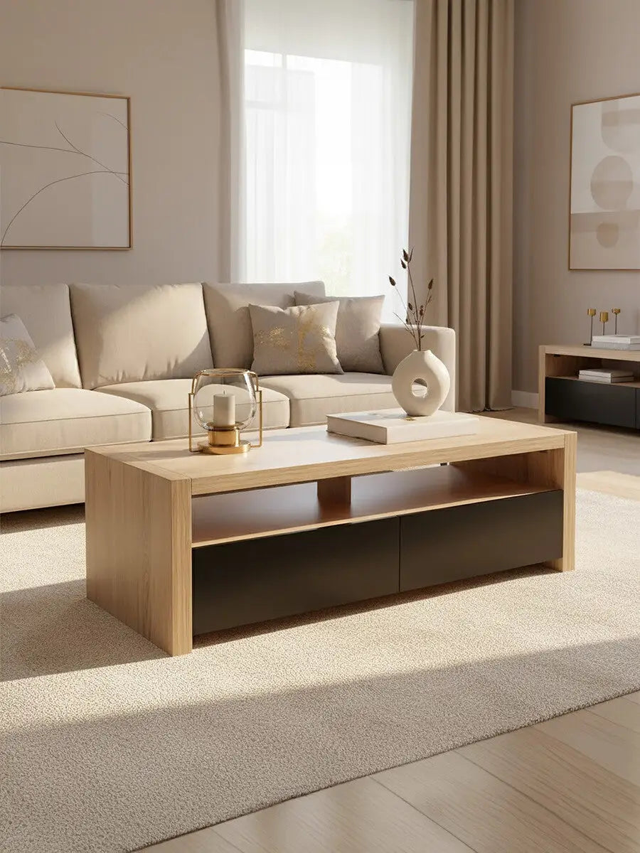 Loki Natural Oak Veneer Coffee Table with Black Gloss Finish Drawers