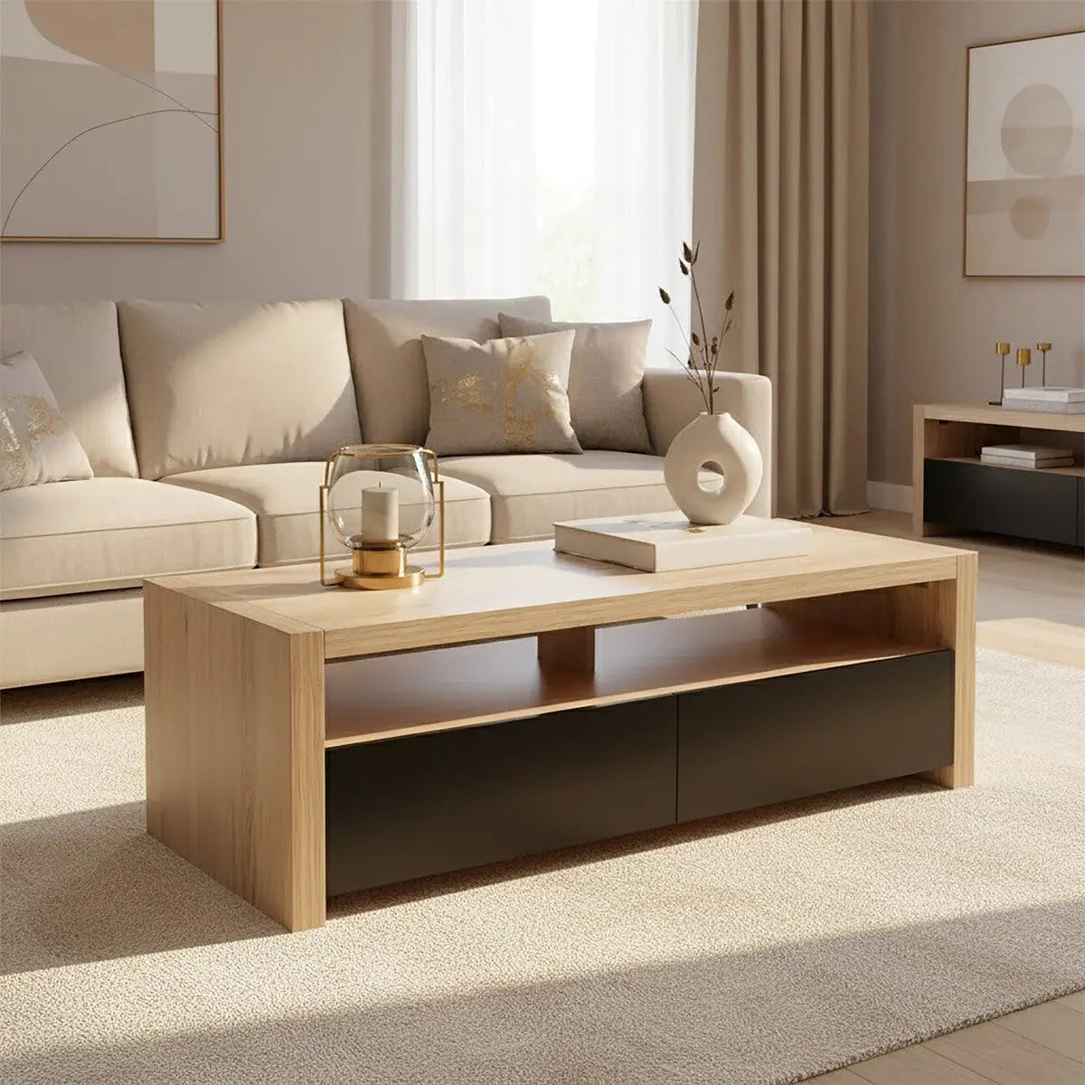 Loki Natural Oak Veneer Coffee Table with Black Gloss Finish Drawers