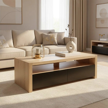 Loki Natural Oak Veneer Coffee Table with Black Gloss Finish Drawers