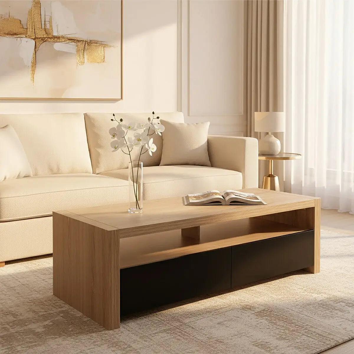 Loki Natural Oak Veneer Coffee Table with Black Gloss Finish Drawers