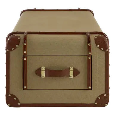 Mango Wood Canvas Trunk Coffee Table with Genuine Leather Detail, Columbus