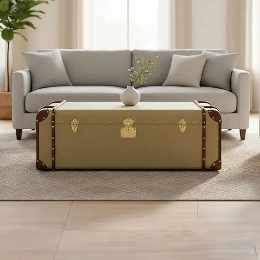 Mango Wood Canvas Trunk Coffee Table with Genuine Leather Detail | Columbus