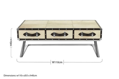 Mango Wood Three-Drawer Coffee Table with Leather Handles Black Trim and Stud Detailing, Kensington Townhouse