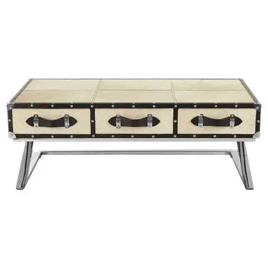 Mango Wood Three-Drawer Coffee Table with Leather Handles Black Trim and Stud Detailing, Kensington Townhouse