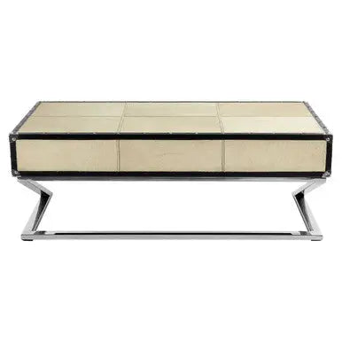 Mango Wood Three-Drawer Coffee Table with Leather Handles Black Trim and Stud Detailing, Kensington Townhouse