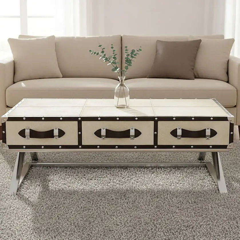 Mango Wood Three-Drawer Coffee Table with Leather Handles Black Trim and Stud Detailing, Kensington Townhouse