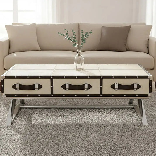 Mango Wood Three-Drawer Coffee Table with Leather Handles Black Trim and Stud Detailing, Kensington Townhouse