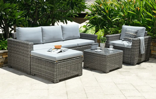 Marbella Grey 5-Seater Garden Sofa Set with Ottoman and Cover Bundle