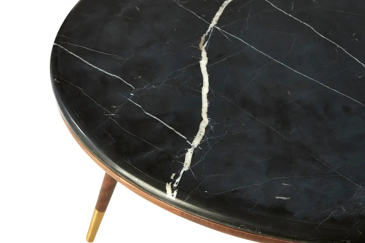 Marble Top Round Coffee Table with Walnut Wood Frame in Natural Finish, Kenso