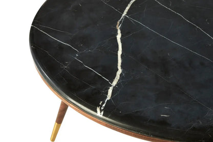Marble Top Round Coffee Table with Walnut Wood Frame in Natural Finish, Kenso