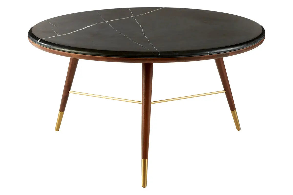 Marble Top Round Coffee Table with Walnut Wood Frame in Natural Finish, Kenso