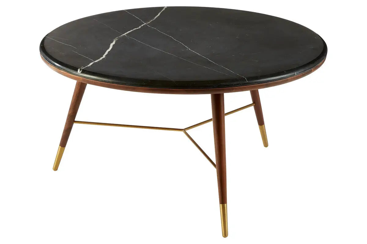 Marble Top Round Coffee Table with Walnut Wood Frame in Natural Finish, Kenso