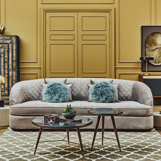 Marble Top Round Coffee Table with Walnut Wood Frame in Natural Finish | Kenso