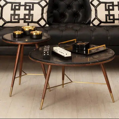 Marble Top Round Coffee Table with Walnut Wood Frame in Natural Finish, Kenso