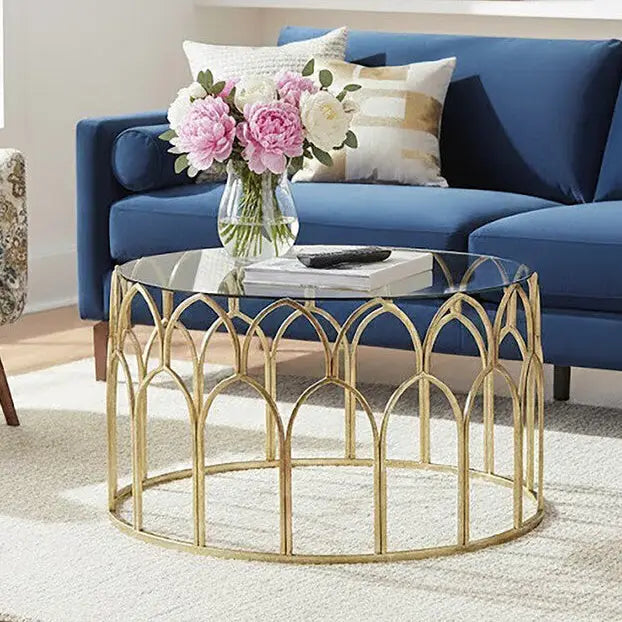 Merlin Gold Finish Coffee Table with Glass Top