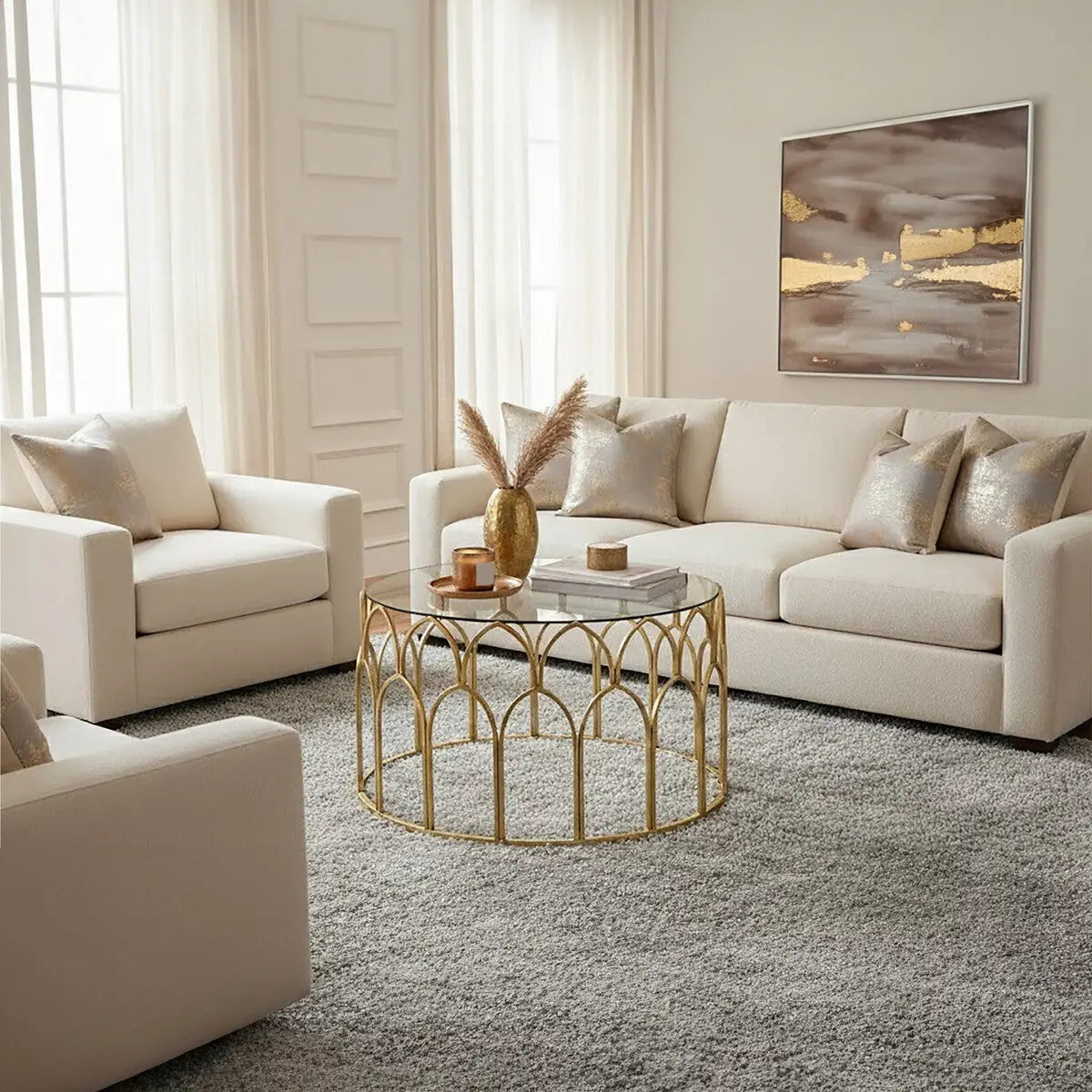Merlin Gold Finish Coffee Table with Glass Top