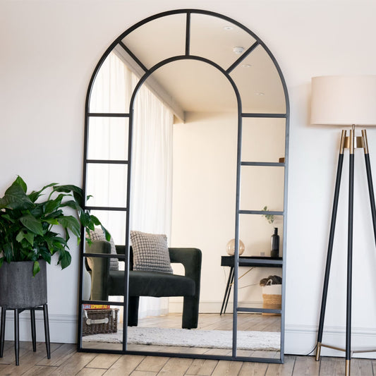 Mio - Full Length Black Metal Arched Window Mirror - 180cm x 105cm.