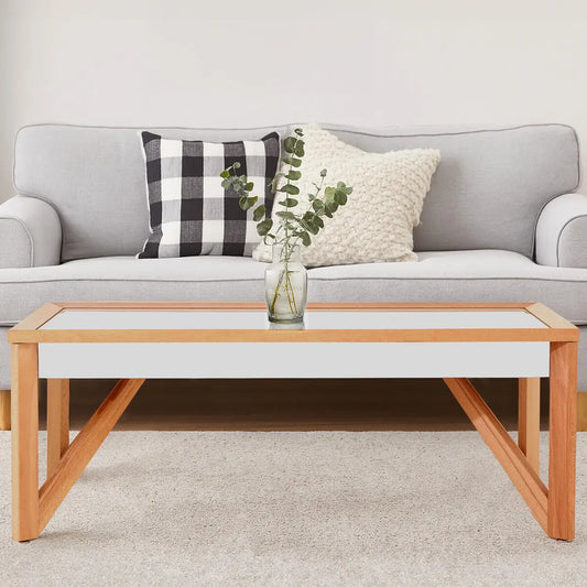Mirror Glass Top Coffee Table with Natural Wood Frame | Kensington Townhouse