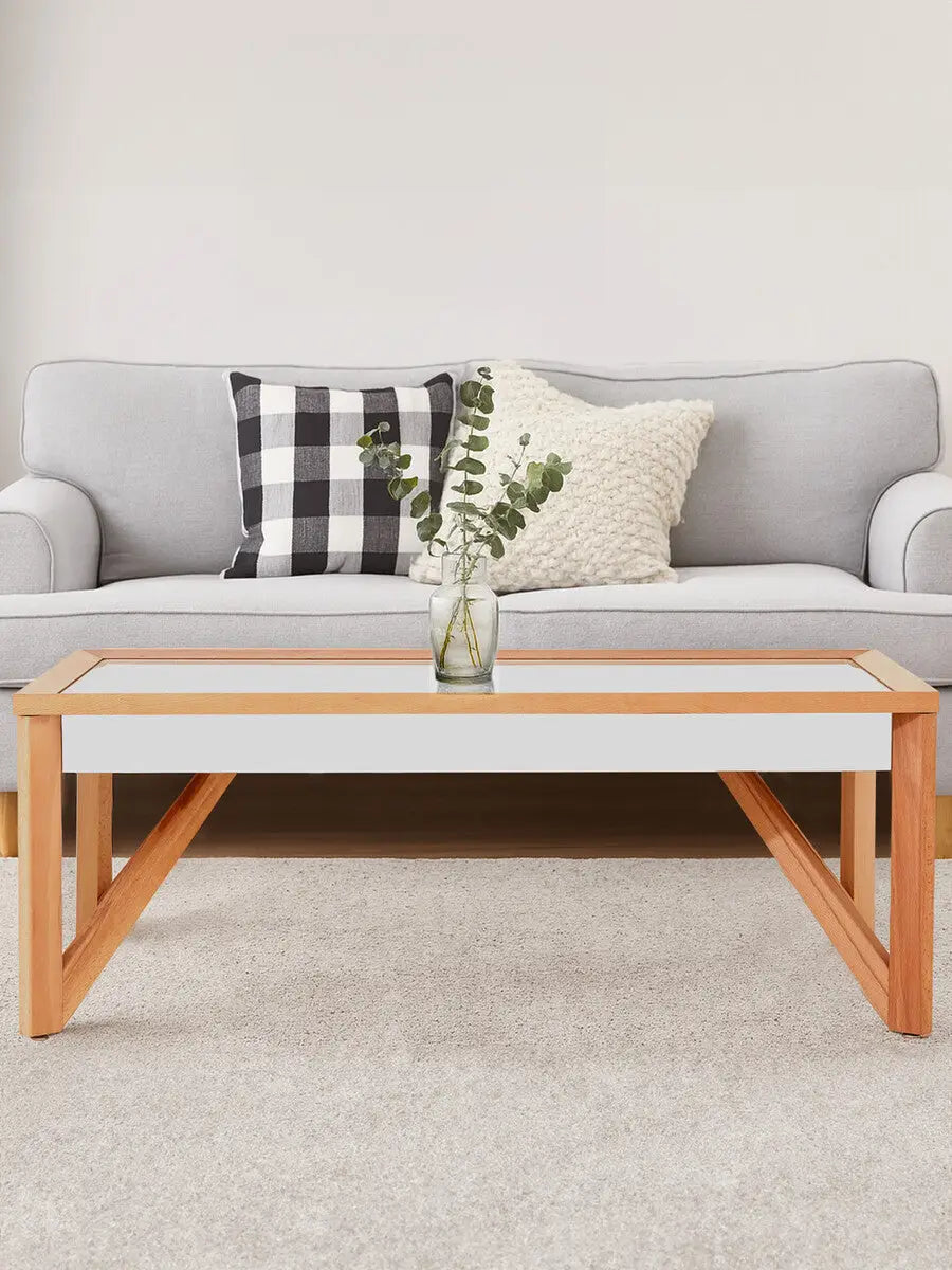 Mirror Glass Top Coffee Table with Natural Wood Frame, Kensington Townhouse